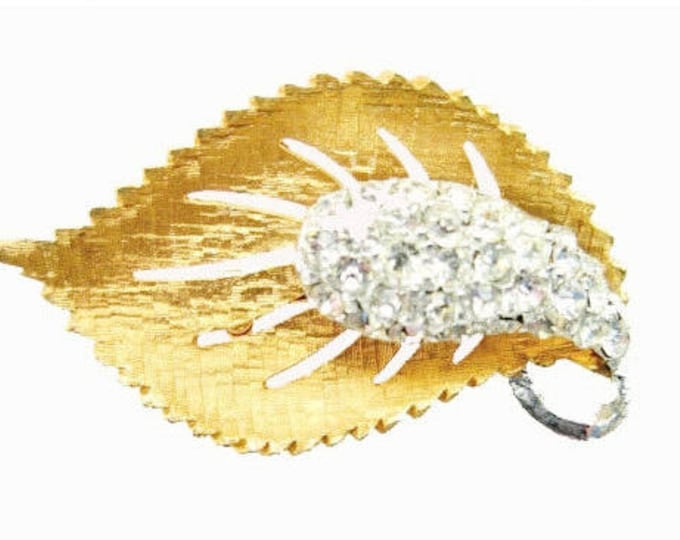 Rhinestone Leaf Brooch - Gold floral - mid century Flower pin