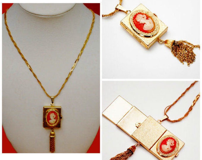 Vintage Locket- Cameo Necklace - Victorian Revival - Resin Cameo - gold four photo locket