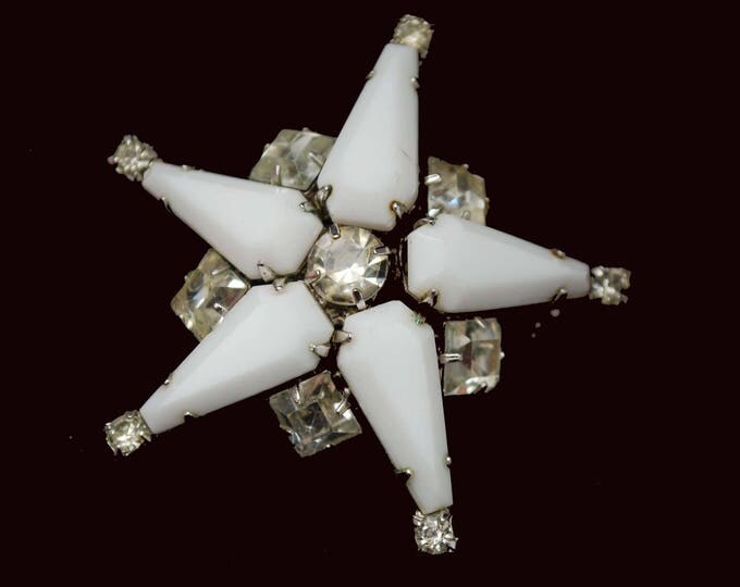 Bellini Star Brooch - Large White Milk Glass - Clear Rhinestone - Signed - 2 inches - Mid Century pin