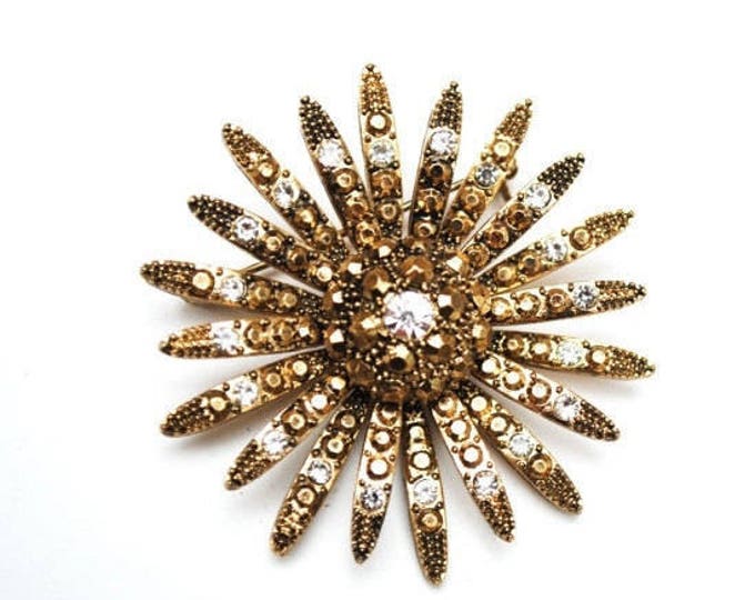 Gold Rhinestone Flower Brooch - Mid Century - Clear rhinestone - Gold metal - Starburst - Atomic Pin