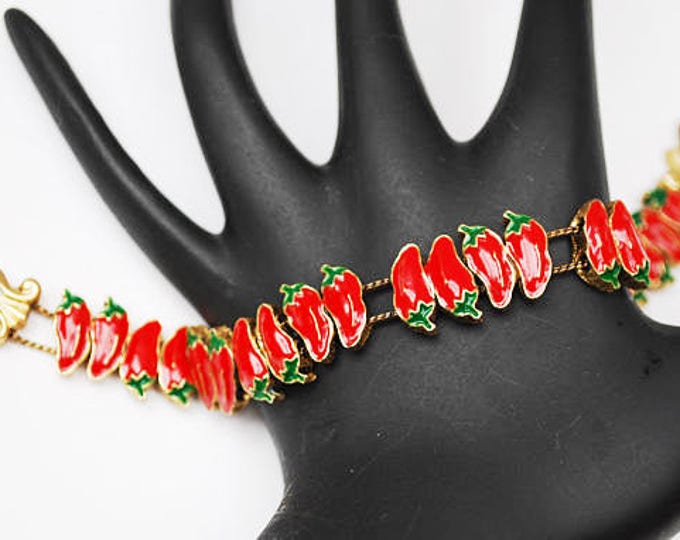 Red Chili Pepper Slider Bracelet - Red Green Enameling - Charm - link bangle