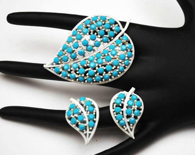 Lisner Leaf Brooch and earring Set - Light turquoise Blue - glass Rhinestone - white enamel Mid Century