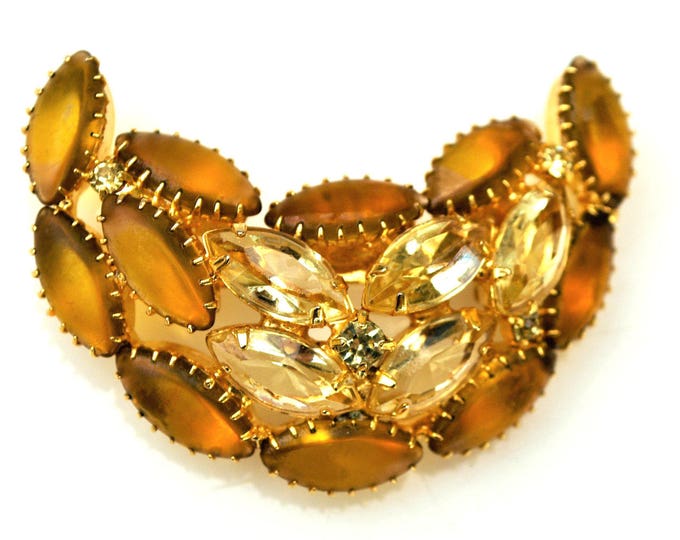 Crescent Rhinestone Brooch - Amber Yellow Glass Cabochon - open back gold - C shape pin