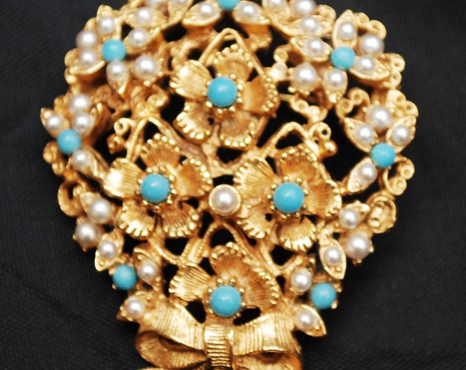 Florenza Pearl Turquoise flower Brooch - blue white - Gold floral - bouquet Pin