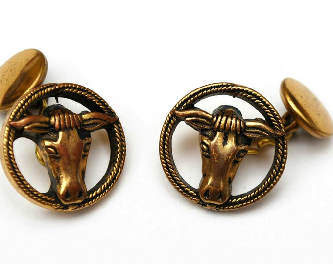 Gold Cow Cuff links -Brass golden - Bull cow head - Vintage cufflinks