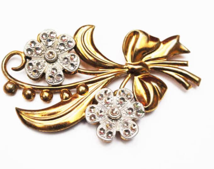 Flower Brooch - Art Deco - Gold filled - cut silver steel - Floral pin