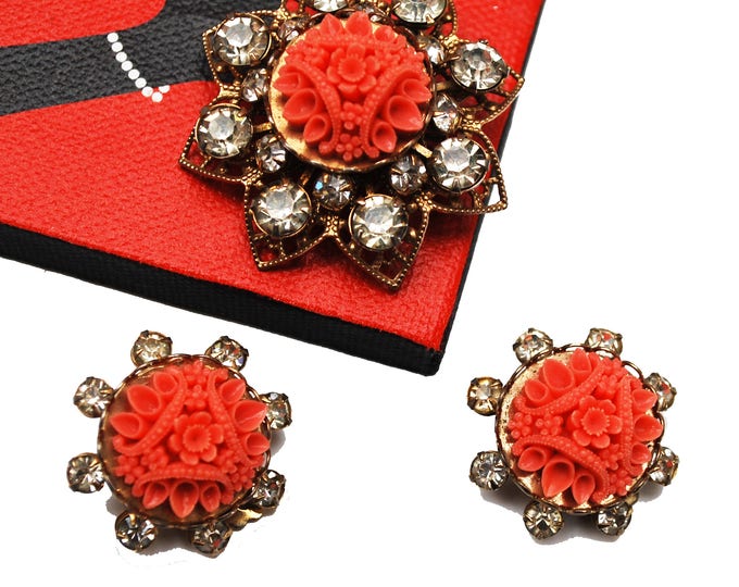 Celluloid Flower brooch and matching earrings set - Coral molded Celluloid Plastic - Rhinestone - Gold Filigree -