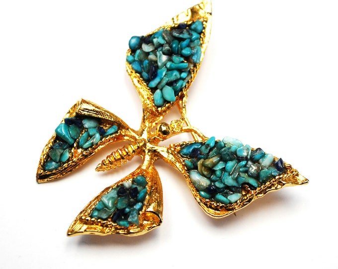 Turquoise Chip Butterfly Brooch - Agua Blue Gemstone - Gold metal - Insect Pin