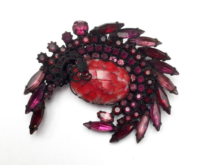 Rhinestone Brooch pendant - pink Purple crystal - Black Japaned - Red marbled art glass cabochon - Swirl Pin