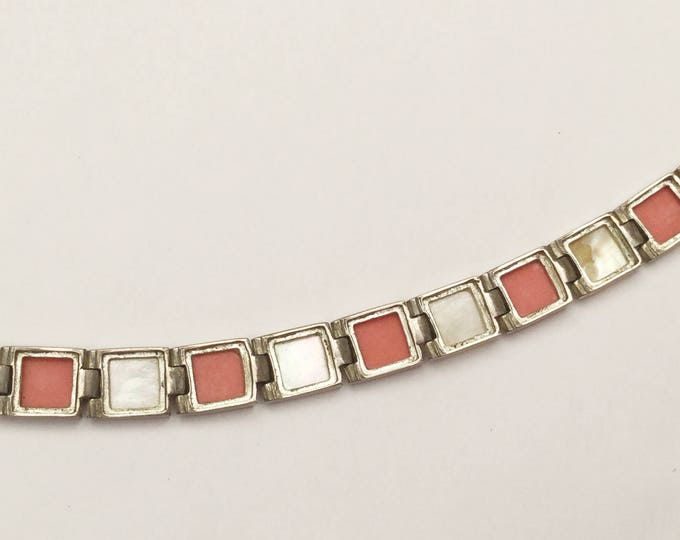 Sterling Pink and White Shell link Bracelet - white mother of pearl - Silver square links - FAS signed