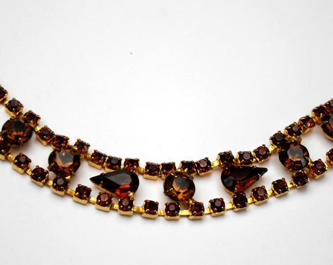 Rhinestone Link Bracelet - Rootbeer Brown Crystal - Yellow Gold - Mid century - Tennis bracelet