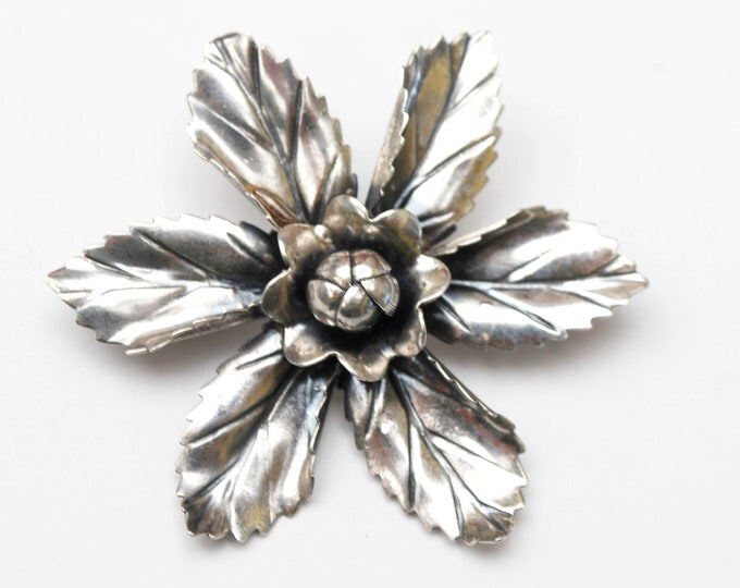 Sterling Flower Brooch - Silver Floral - Vintage Art Nouveau - signed Hand made - Floral Pin