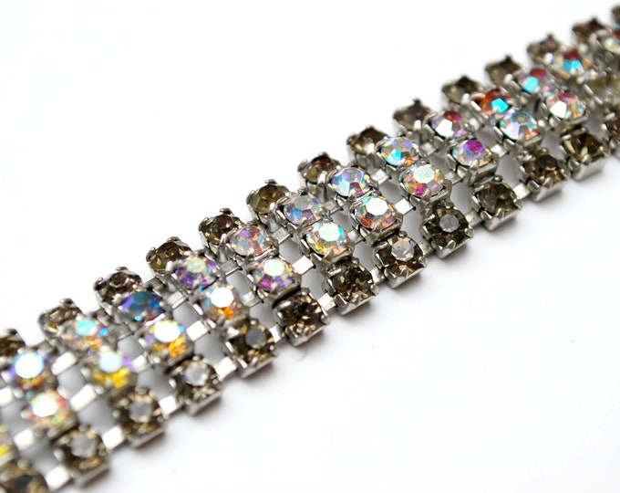 Rhinestone Bracelet - Aurora Borealis Crystal - Grey Rhinestone Silver -- Mid Century Bracelet - Wedding Bride