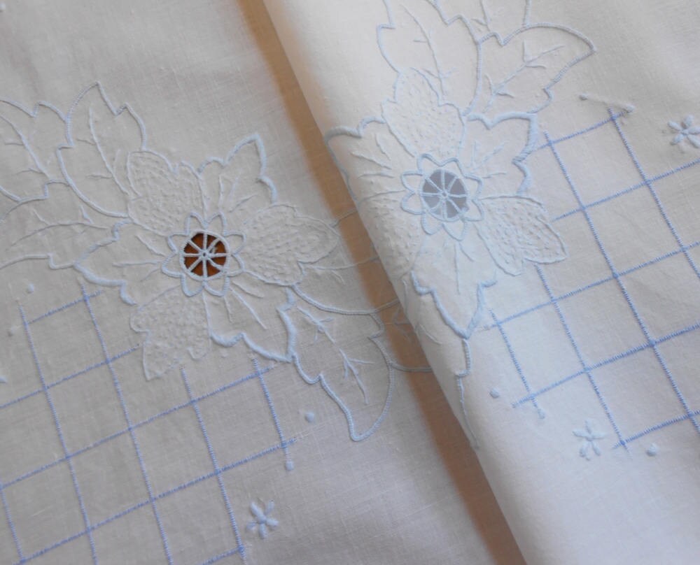 Cutwork Tablecloth Blue Embroidery Snowy White Cotton