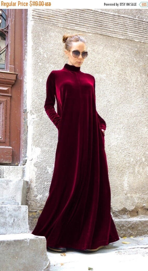 SALE New Maxi Velvet Deep Burgundy Dress / Kaftan Dress / Side