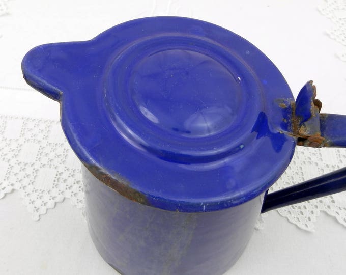 Antique European Bright Blue Chippy Enamelware Lidded Pitcher, Retro Kitchenware Enamel Milk Jug with Lid, Vintage Cottage Kitchen Decor
