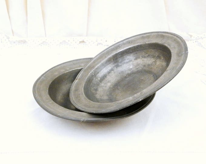 2 Antique French Pewter Dish / Platter / Plate Circa 18th Century, Pair of Metal Soup Bowls from France, Brocante Kitchen Retro Decor, Prop