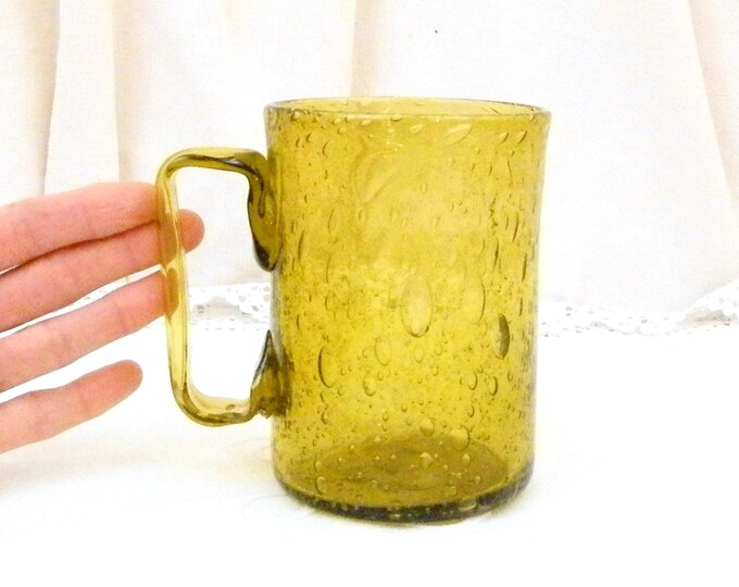 Vintage Large Bubble Glass Mug / Cup / Drinking Vessel, Artisan Handmade Blown Olive Green Beer Glass, Retro Home Decor 1960s, Man Cave