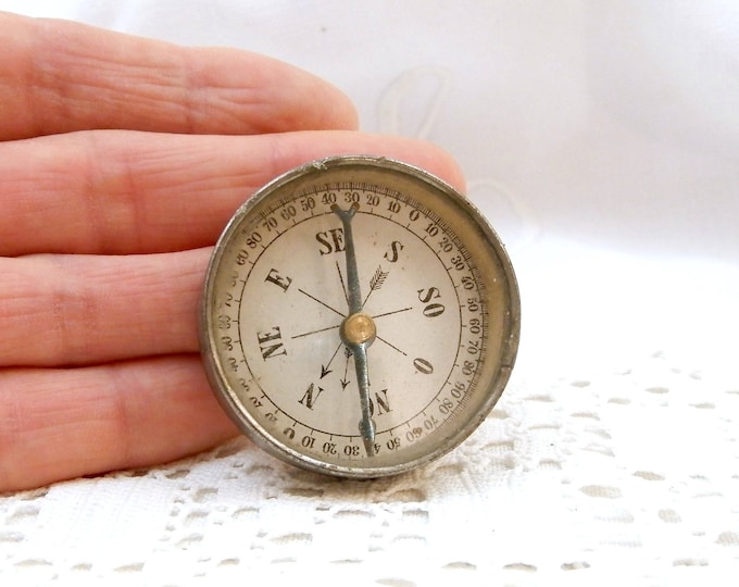 Small Antique Glass and Metal Framed French Compass and Mirror, Round Compass from France, Map Reading, Vintage Hiking Camping, Curios