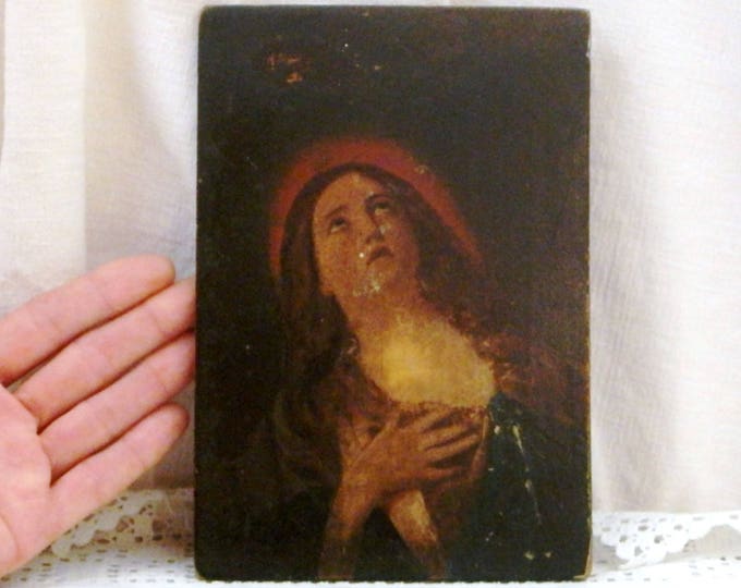 Antique Hand Painted Copy of Original Mary Magdalene by 17th Century Italian Artist Guido Reni, Oil on Board Painting, Religious Picture