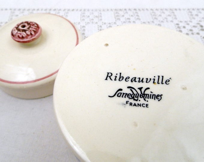 Vintage Traditional French Ceramic Lidded Fois Gras Crock Pot with Mask Handles by Sarreguemines, Germanic Pattern from Alsace Region