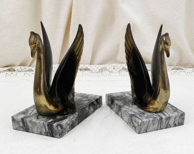 Antique French Art Deco Bronze Colored Metal Stylized Swan Black and White Marble Bookends, Bird Book Buttresses From France, Book Support