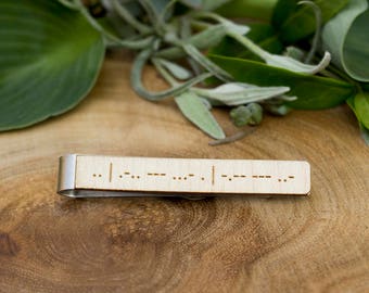 Bride gift to groom, tie clip, engraved tie bar, wood tie clip, groomsman gift, morse code, tie bar, minimalist tie bar, simple tie bar