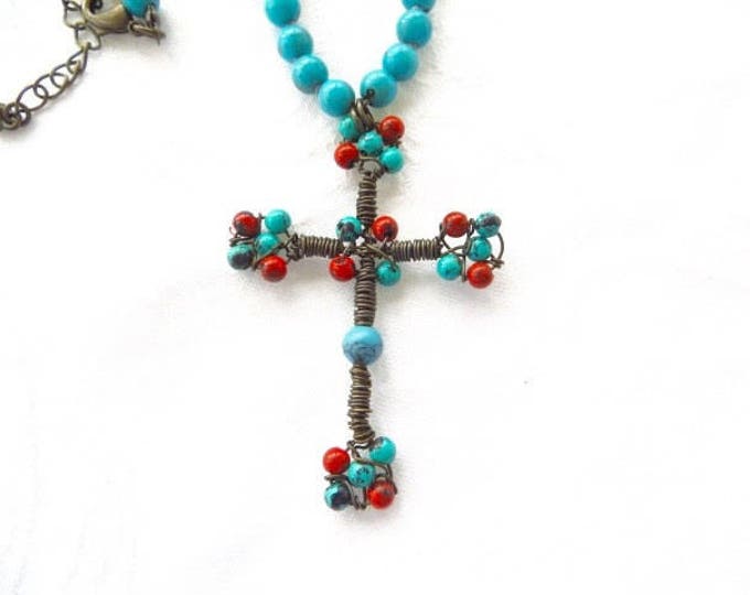 Vintage Cross Necklace, Beaded Southwest Style, Turquoise and Coral, Vintage Wire Cross, Boho Style, Festival Jewelry