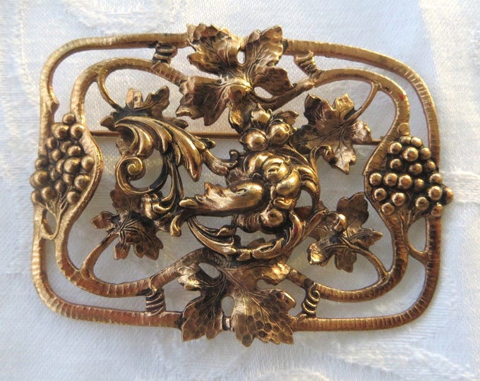 Art Nouveau Sash Pin, Vintage Nouveau Brooch, Grapes Leaves Florals, Vintage Jewelry
