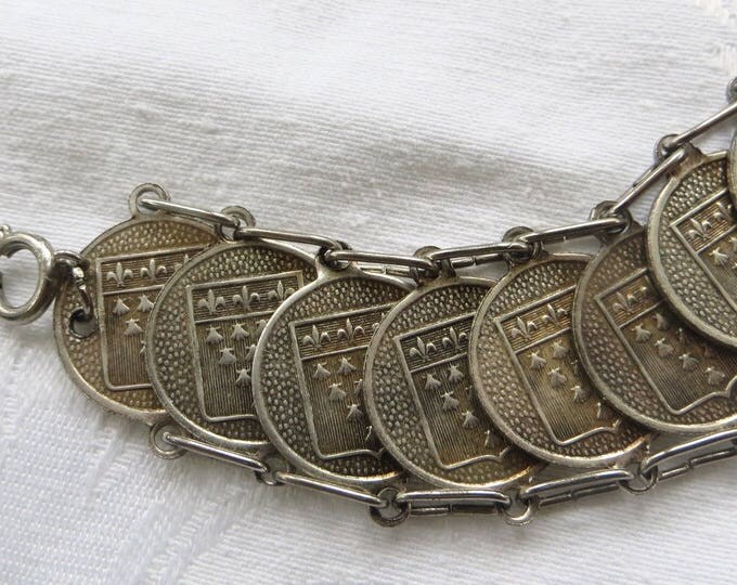 Mont Saint Michel Souvenir Bracelet, Fleur Di Lis Coins, Vintage French Souvenir Jewelry