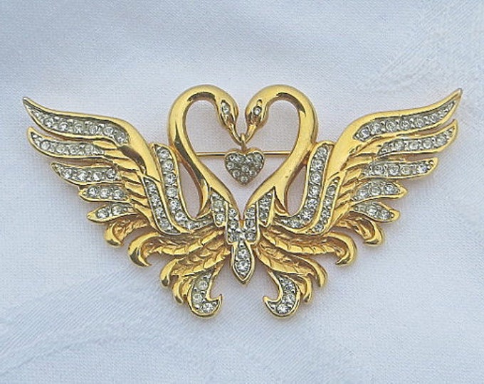 Nolan Miller Swan Brooch, Kissing Swans Pin, Glamour Collection, Designer Signed Vintage Jewelry, Swarovski Crystal