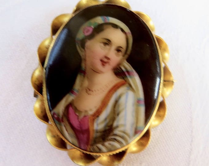 Antique Cameo Brooch, Hand Painted Portrait, Porcelain Cameo Pin, Antique Cameo Jewelry