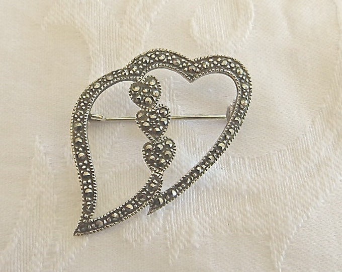 Marcasite Heart Brooch, Sterling Heart Pin, Marcasite Double Hearts, Vintage Modernist Heart, Heart Jewelry