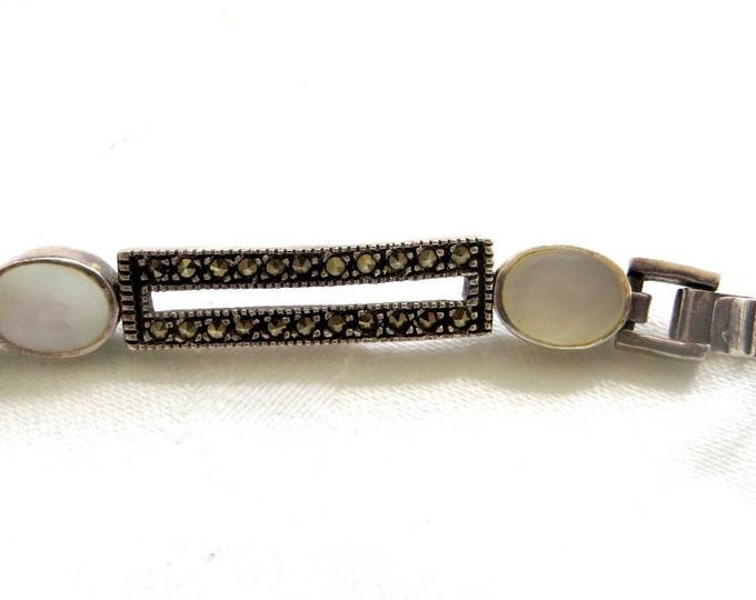 Art Deco Sterling Bracelet, Mother of Pearl, Deco Marcasite Bracelet, Vintage Art Deco Jewelry