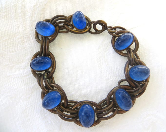 Czech Glass Bracelet, Vintage Cobalt Blue Cabochons, Vintage Link Bracelet