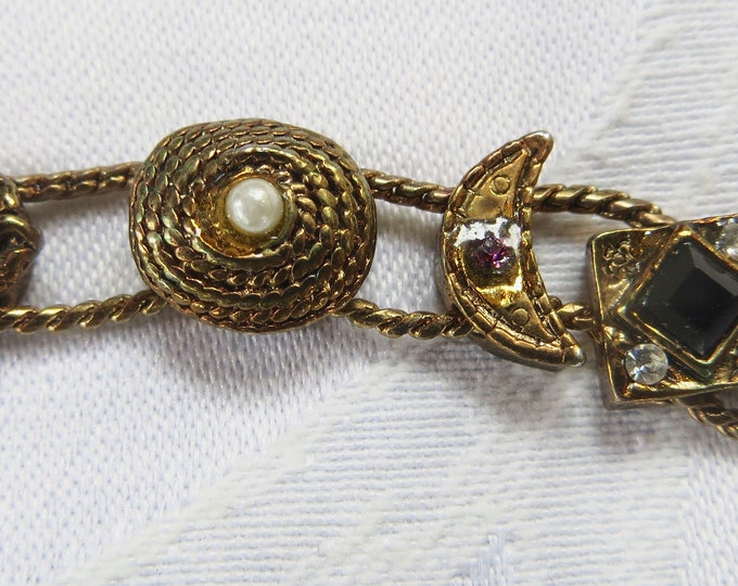 Victorian Revival Slide Bracelet, unsigned Goldette, Rhinestones, Cameo, Bee, Florals, Vintage Jewelry Jewellry