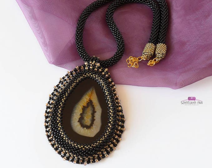 agate stone necklace, beaded necklace, statement necklace, tiny beads necklace, black necklace, agate stone, stone necklace, gift women