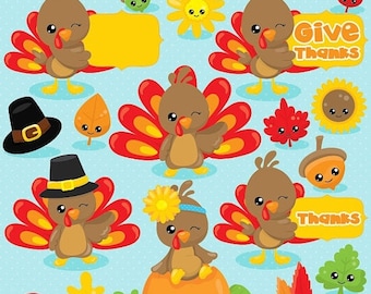 80% OFF SALE Thanksgiving clipart commercial use, turkey clipart, kawaii clipart, Fall vector graphics, Thanksgiving digital image - CL1035