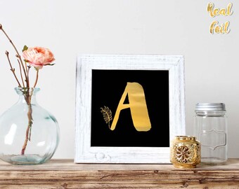 Monogram print, Black and gold foil art print, Unique home decor, Real foil print, Square print, Personalized wall decor, FAP8fp004B