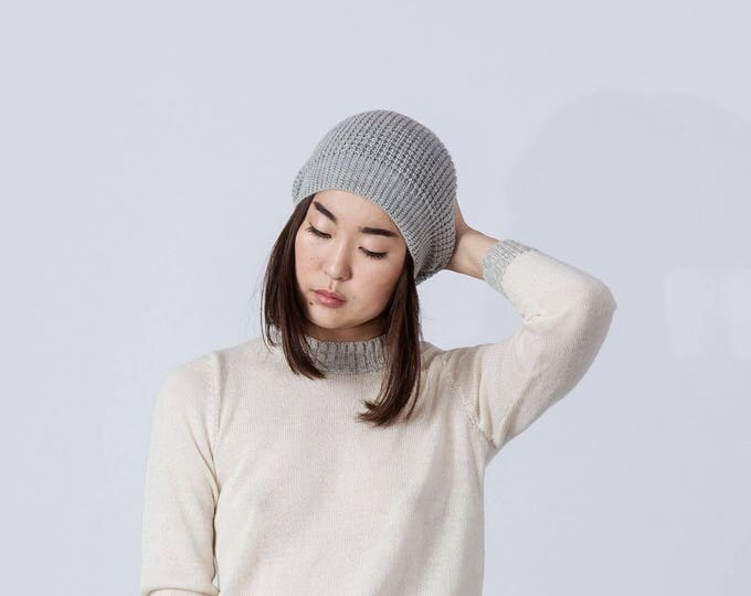 Pom pom alpaca hat / gray slouchy hat / knit alpaca hat woman knitted cap alpaca wool slouchy beanie over sized hat alpaca beanie