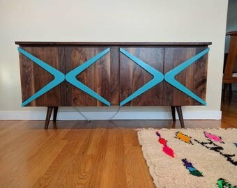 Walnut Credenza With Boomerang Handles, Mid Century Credenza, TV Console, Media Cabinet, Record Storage, Mid Century Buffet