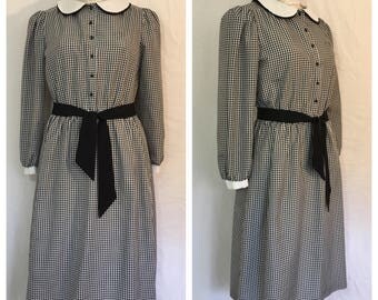 FLASH SALE Vintage 1970's Black Gingham Dress with Peter Pan Collar