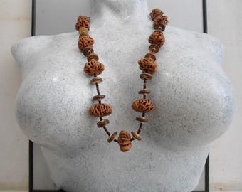 necklace peach pit + coconut shell+glass spacers+date pit+wooden spacers