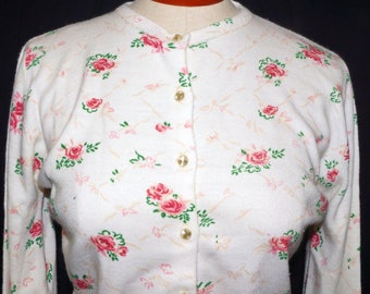 1950s Floral Cardigan Sweater Sz 8-10 Vintage Retro