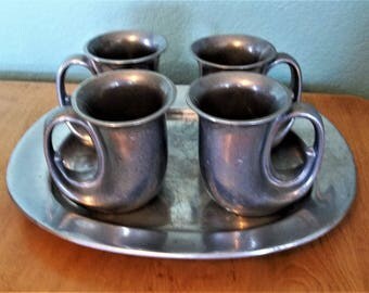 Set 4 Vintage Wilton Armetale 5" HORN Mugs USA Bottom & Matching TRAY