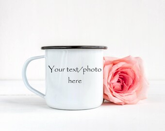 Enamel mug, tin cup, camping mug, custom mug, logo, personalized, coffee cup, photo cup, steel mug, white coffee cup