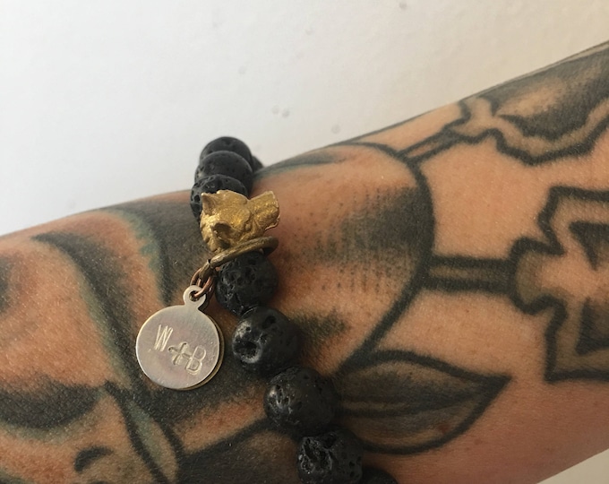 Men's Lonewolf Bracelet / Black Lava Bracelet / Lava Beads / Wolf Bracelet / Black and Gold Bracelet / Gift For Him / Fathers Day Gift
