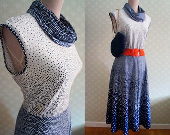 70s Polka Dot Vintage dress. Large Size Cowl sleeveless dress. Navy and white Polka dot dress.