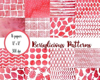ON SALE Watercolor Scrapbook Paper, Red and White, Watercolor Digital Paper, Watercolor Patterns Paper, Digital Paper Pack