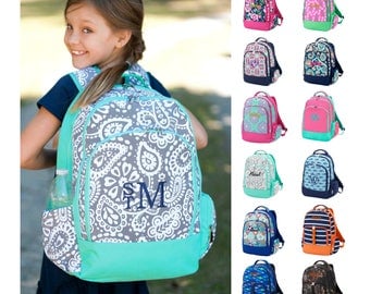 Monogrammed Backpack Personalized Girls Boys Bookbag Kids School Tote Bag Embroidered Name Pink Mint Aqua Navy Blue Floral Paisley Camo Boho